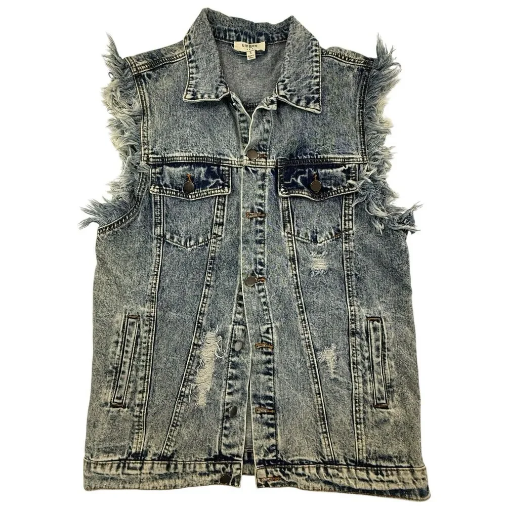 Umgee Acid Washed Denim Midi Vest Women Small Retro 90s Frayed Factory Distress - Picture 2 of 12